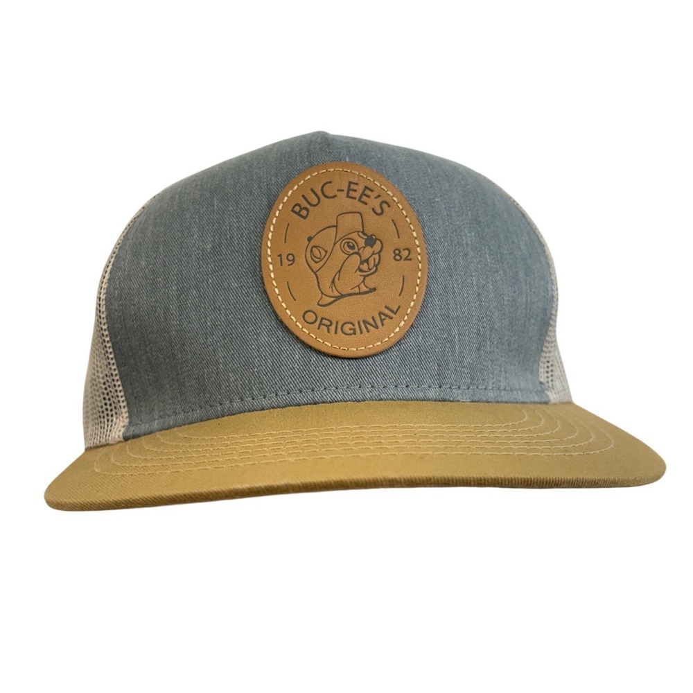 Buc-ees Original 1982 Trucker Hat Blue Yellow Leather Patch Snapback Cap